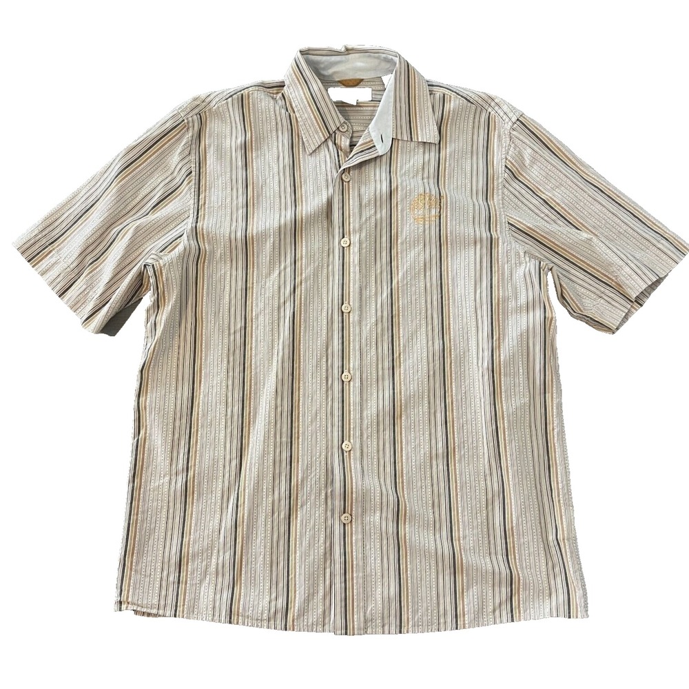 Timberland Shirt‎ Mens Medium White Striped Short Sleeve Button Up Preppy Beach